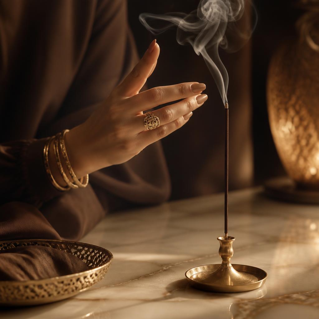 Woman's hand wafting fragrant smoke from a burning oud stick